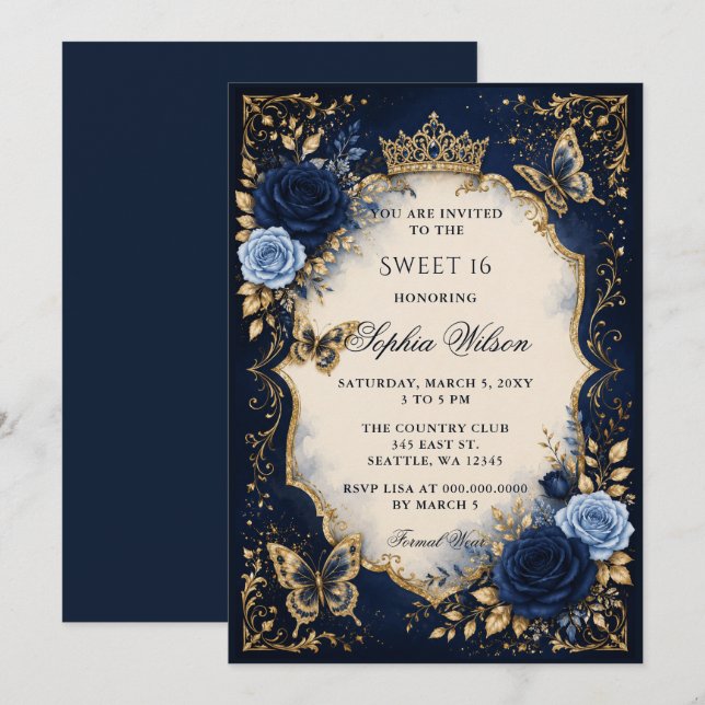 Invitation Navy Or Fleur Papillon Douce 16 (Devant / Derrière)