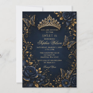 Invitation Navy Or Fleur Papillon Douce 16