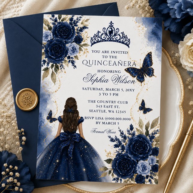 Invitation Navy Or Fleur Papillon Princesse Quinceañera (Navy Gold Floral Butterfly Princess Quinceañera Invitation)