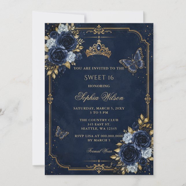 Invitation Navy Or Floral Papillon Sweet 16 (Devant)