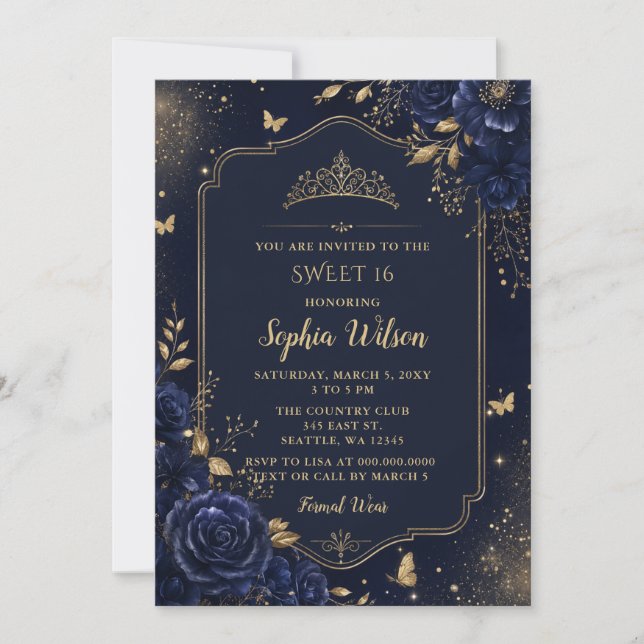 Invitation Navy Or Floral Papillon Sweet 16 (Devant)