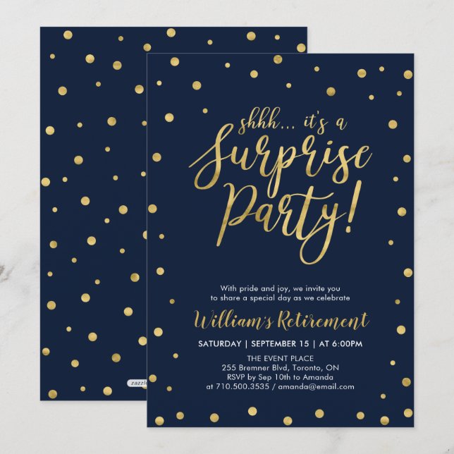Invitation Navy & Or | Moderne Fête de Retraite Surprise (Devant / Derrière)
