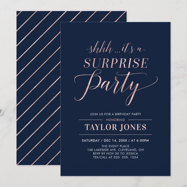 Invitation Navy & Or rose | Fête d'anniversaire surprise mode (Devant / Derrière)