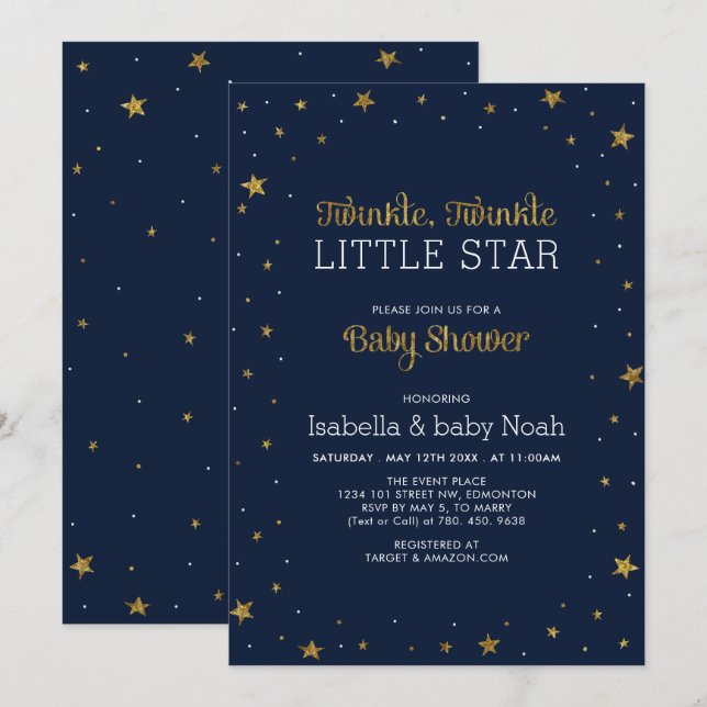Invitation Navy & Or | Une petite étoile scintille Baby Showe (Devant / Derrière)