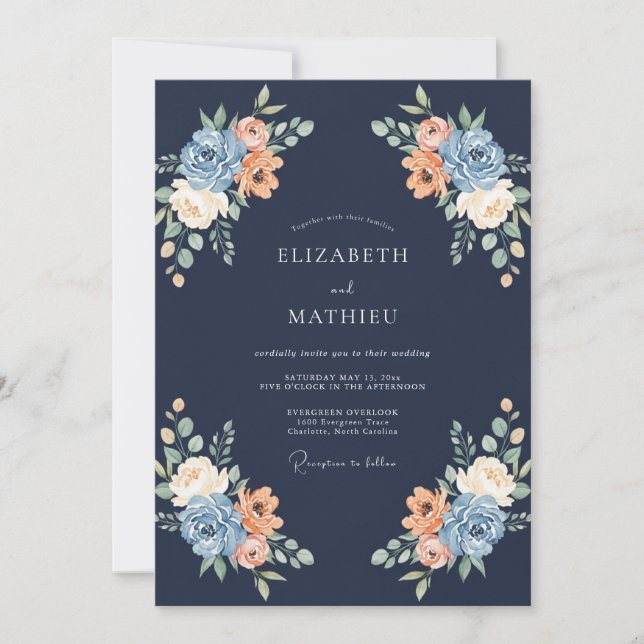 Invitation Navy Peach Blossom Flourish Wedding (Devant)