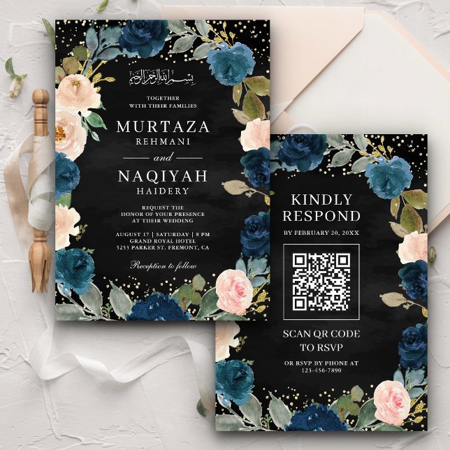 Invitation Navy Peach Floral Code QR Noir Mariage Musulman (Créateur téléchargé)