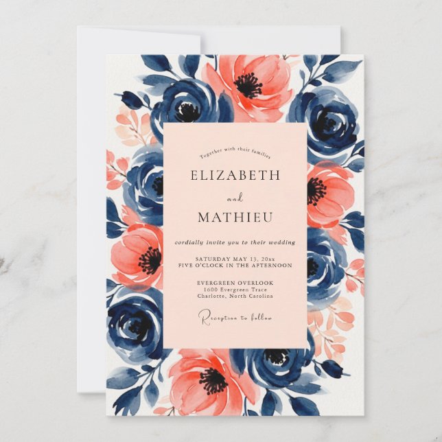 Invitation Navy Peach Vivid Summer Wedding (Devant)