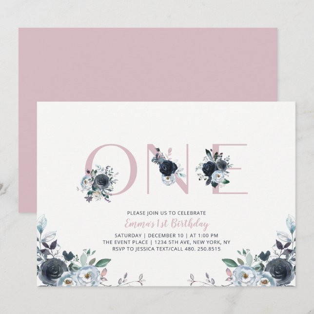 Invitation Navy & Pink Boho Floral Girl 1er Anniversaire (Devant / Derrière)