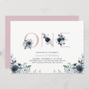 Invitation Navy & Pink Boho Floral Girl 1er Anniversaire