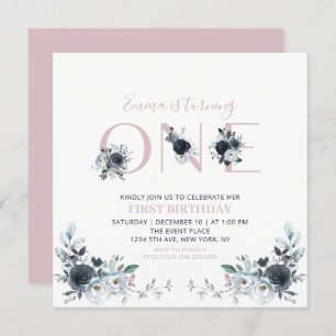 Invitation Navy & Pink Boho Floral Girl 1er anniversaire Carr