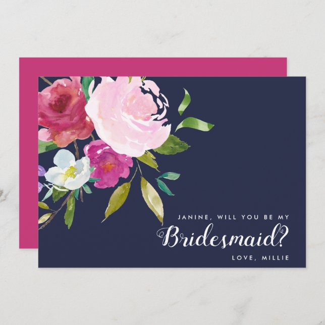 Invitation Navy & Pink Bold Floral Serez-Vous Ma Femme D'Accu (Devant / Derrière)