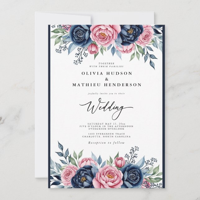 Invitation Navy Pink Botanical Bliss Wedding (Devant)