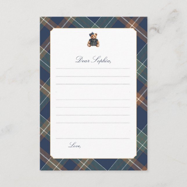 Invitation Navy Plaid Teddy Bear Girl Time Capsule Card (Devant)