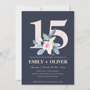 INVITATION NAVY ROSE BLEU FLORAL 15ÈME ANNIVERSAIRE TOUTE ANN
