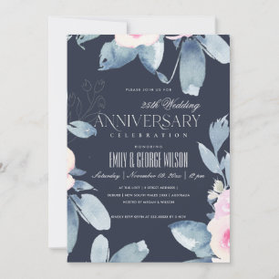 Invitation NAVY ROSE BLEU FLORAL 25e ANNIVERSAIRE TOUTE ANNÉE