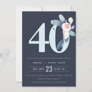INVITATION NAVY ROSE BLEU FLORAL 40ÈME ANNIVERSAIRE TOUTE ANN