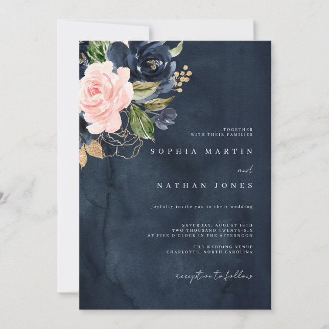 Invitation Navy Rose Élégant Fleurs Aquarelle Mariage  (Devant)