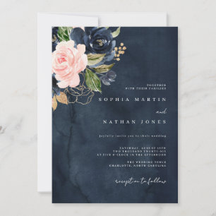 Invitation Navy Rose Élégant Fleurs Aquarelle Mariage