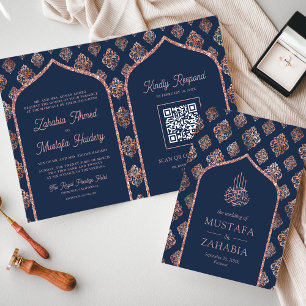 Invitation Navy Rose Gold Damassé Arche Code QR Mariage Musul