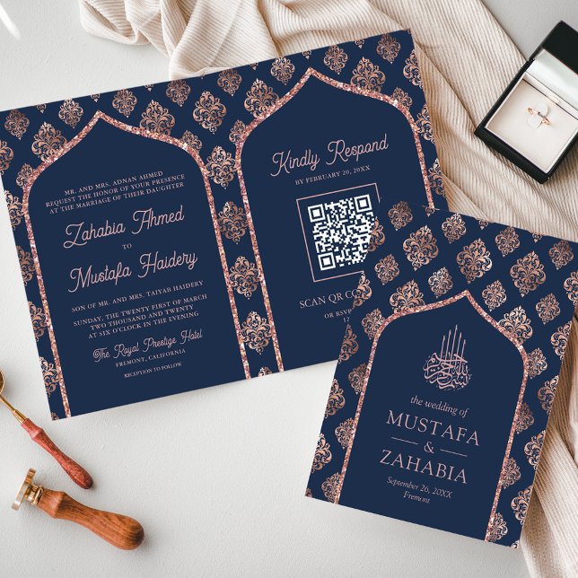 Invitation Navy Rose Gold Damassé Arche Code QR Mariage Musul (Créateur téléchargé)
