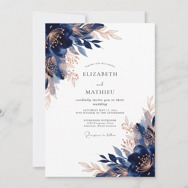 Invitation Navy Rose Gold Opulent Winter Wedding (Devant)