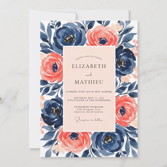 Invitation Navy Salmon Painterly Spring Wedding (Devant)