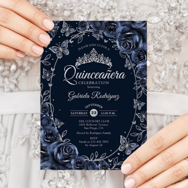Invitation Navy Silver Butterflies Roses Quinceanera (Créateur téléchargé)