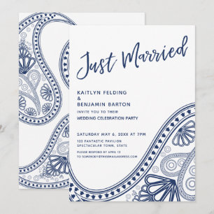 Invitation Navy sur fond blanc, mariage paisley pour réceptio