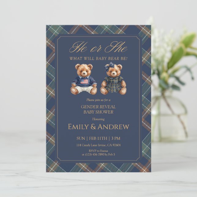 Invitation Navy Tartan He or She Gender Reveal Baby Shower (Debout devant)