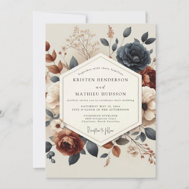 Invitation Navy Terracotta Autumnal Bloom Wedding (Devant)