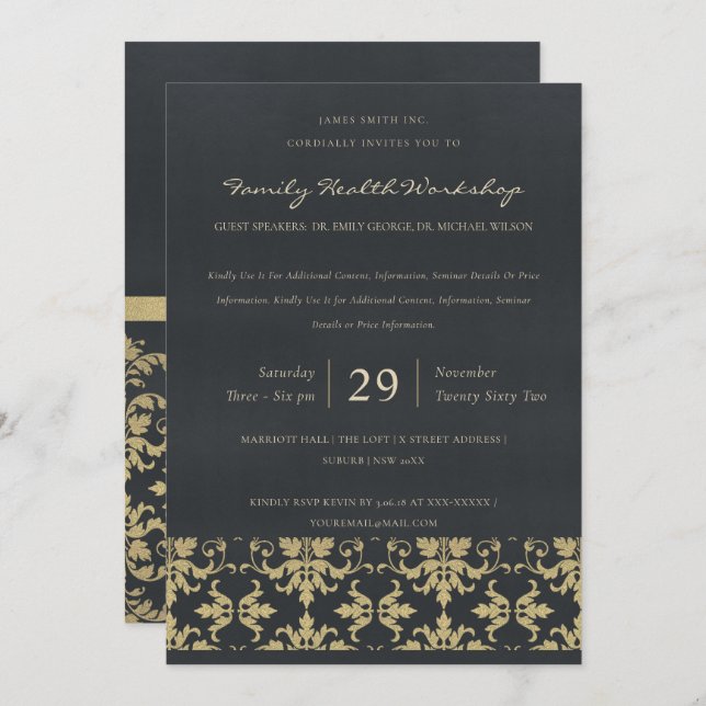 INVITATION NAVY VELVET GOLD DAMASK ÉVÉNEMENT D'ATELIER CLASSI (Devant / Derrière)