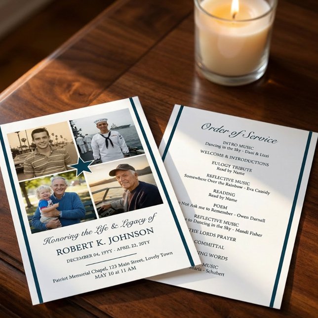 Invitation Navy Veteran 4 Photo Collage Flat Funeral Program (Double sided Order of Service funeral program 4 photos - designed for Navy Veteran or ex-serviceman)
