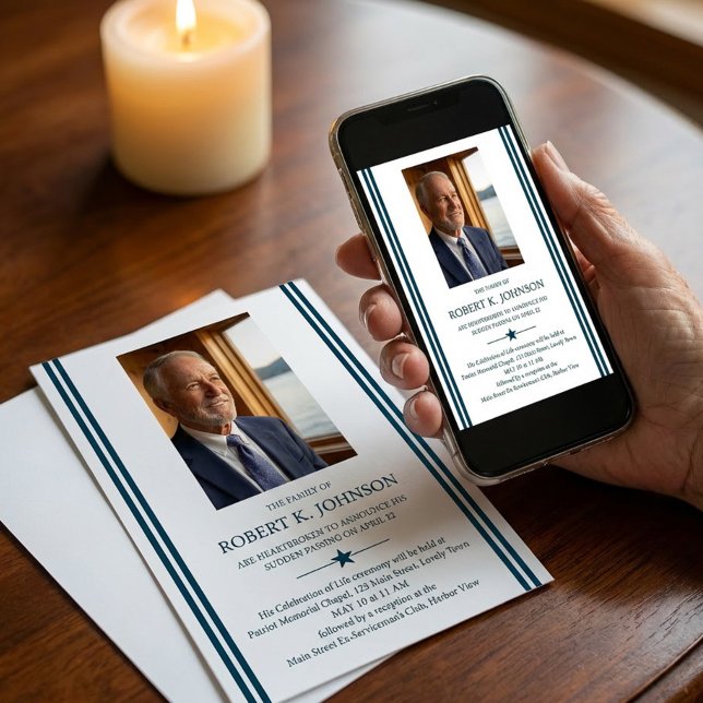 Invitation Navy Veteran Photo Digital Death Notice Funeral (Death and Celebration of Life announcement - available printed or digital download for sharing)