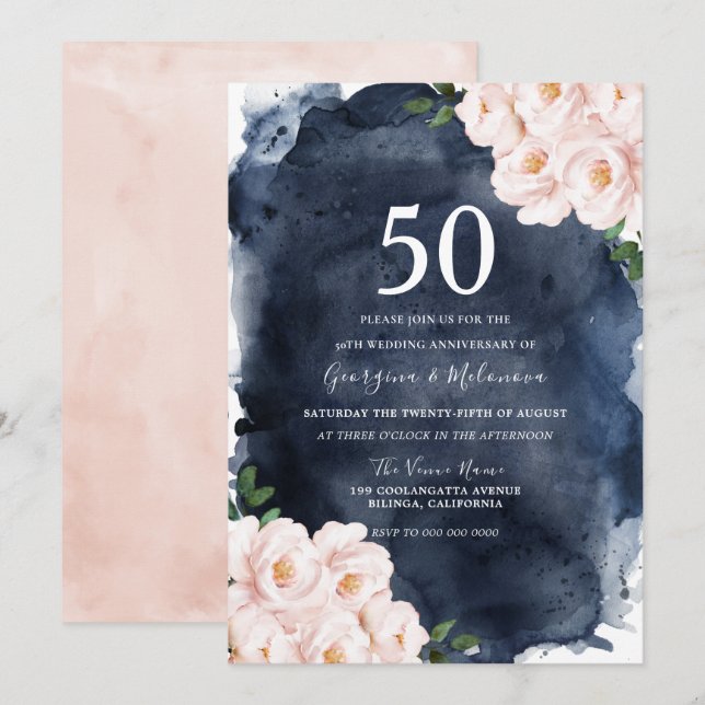 Invitation Navy Watercolor Blush Floral 50e Anniversaire (Devant / Derrière)