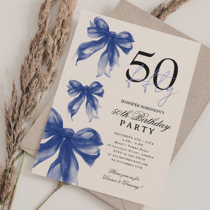 Invitation Navy Watercolor Coquette Bow 50e Anniversaire Beig