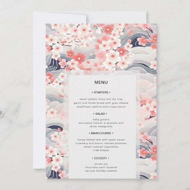 Invitation Navy Waves Sakura Floral Modern Wedding Menu (Devant)