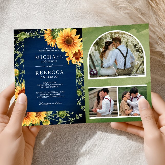 Invitation Navy Wood Sunflowers Photo Arch QR Code Wedding (Créateur téléchargé)