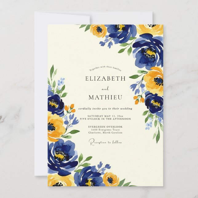 Invitation Navy Yellow Artistic Spring Wedding (Devant)