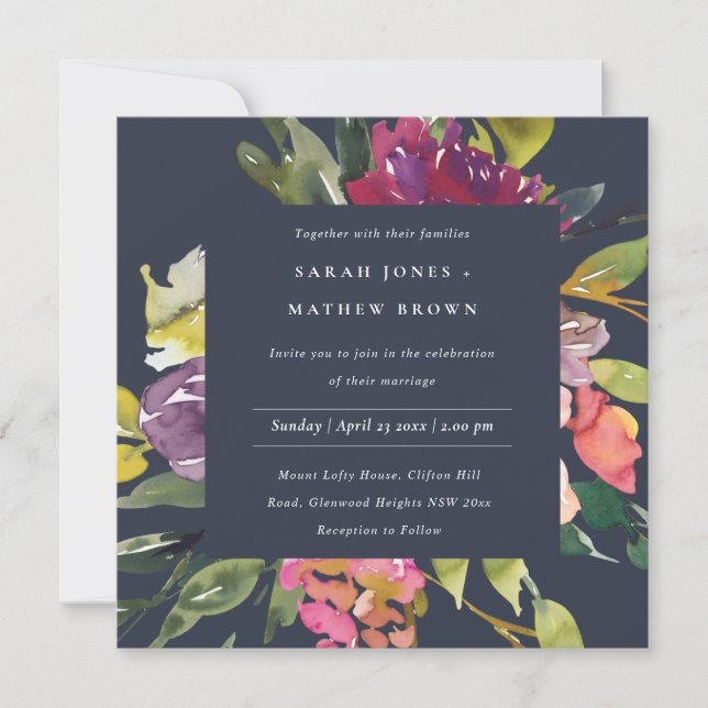 INVITATION NAVY YELLOW BLUSH BURGUNDY FLORAL BUNCH WEDDING (Devant)