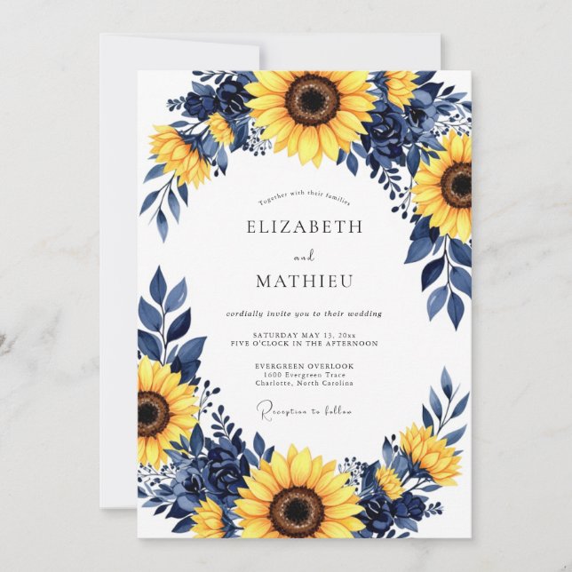 Invitation Navy Yellow Bold Sunflower Wedding (Devant)