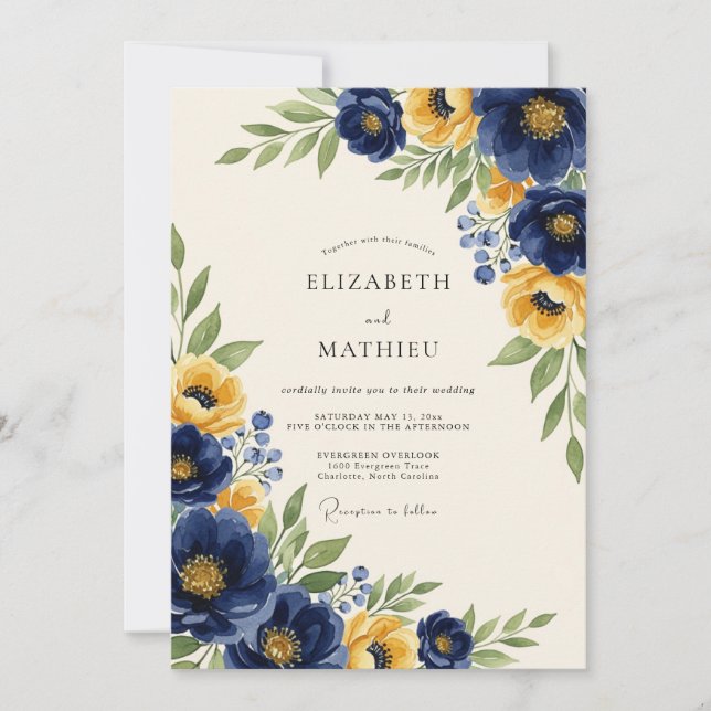 Invitation Navy Yellow Classic Botanical Wedding (Devant)