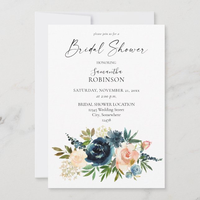 Invitation Nayv, Dusty Blue & Blush Pink Floral Fête des mari (Devant)