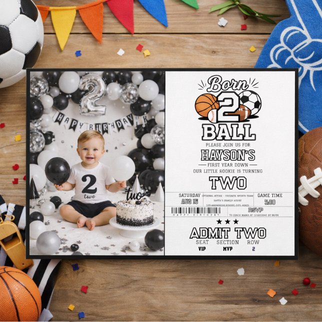 Invitation Né 2 Ball | Photo de 2e anniversaire de garçon sur (Born 2 Ball Sports Themed Boy 2nd Birthday Party Invitation)