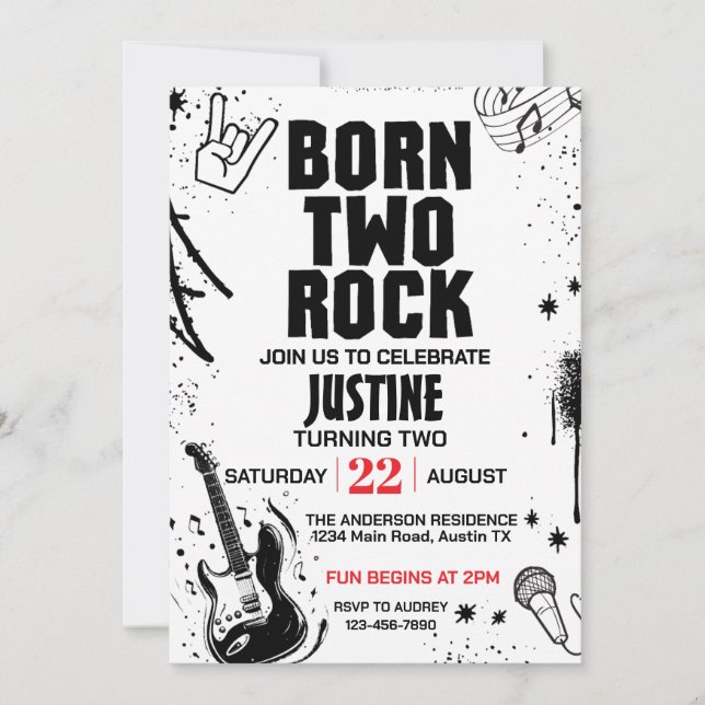 Invitation Né à Rock Deuxième fête d'anniversaire (Devant)