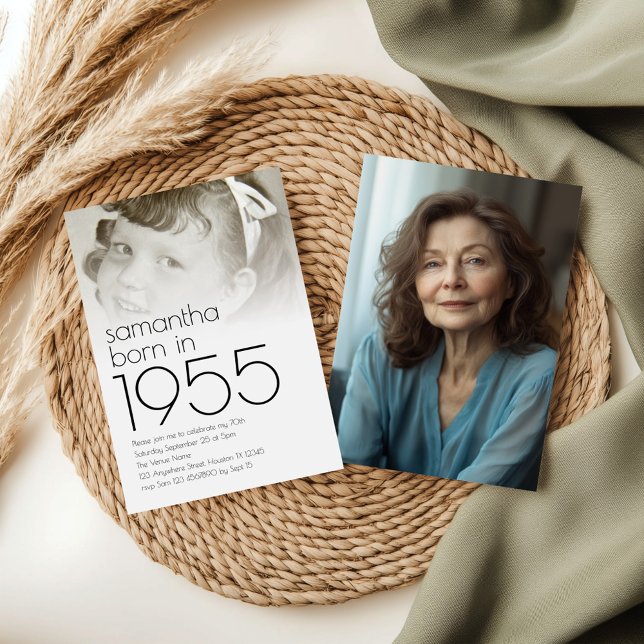 Invitation Né en 1955 Overlay 2 Photos 70th Birthday Party (Front and back view)