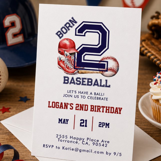 Invitation Né pour le Baseball | Thème Sportif pour le 2e Ann (Born 2 Baseball | Sports Theme Boy's 2nd Birthday Invitation)