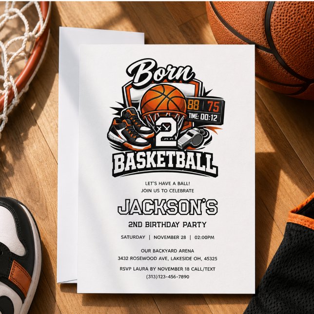 Invitation Né pour le basket-ball, garçon, 2e anniversaire (Born 2 Basketball Sports Themed Boy 2nd Birthday Invitation)