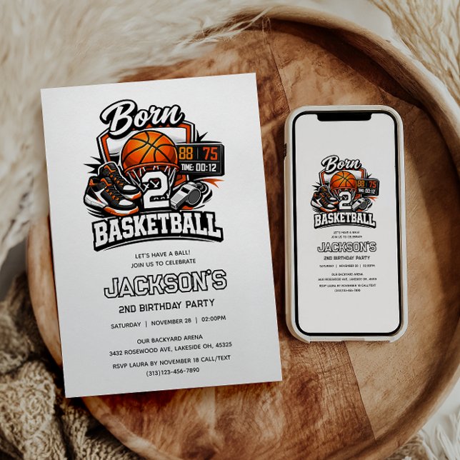 Invitation Né pour le basket-ball, garçon, 2e anniversaire (Born 2 Basketball | Sports Themed Boy 2nd Birthday Party)
