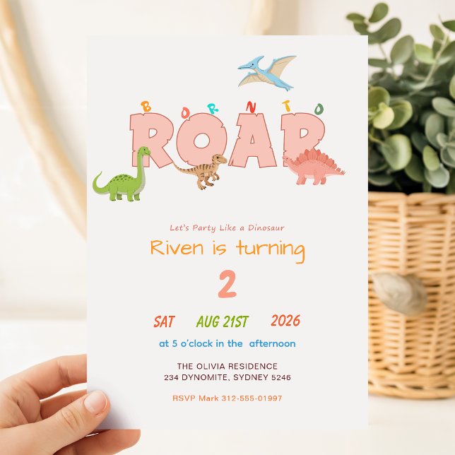 Invitation Né pour rugir Dessin animé dinosaure Enfant 2e ann (Créateur téléchargé)