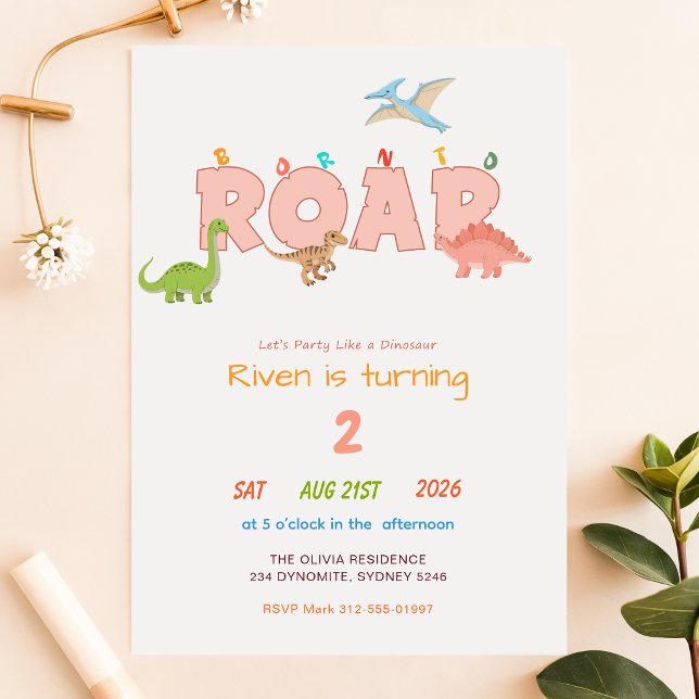 Invitation Né pour rugir Dinosaure Bébé Garçon Fille 2e Anniv (Créateur téléchargé)